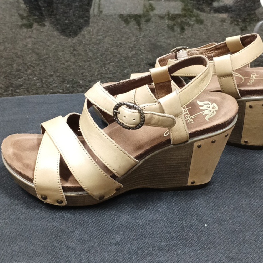 Dansko Leather studded strappy wedge 3" buff color